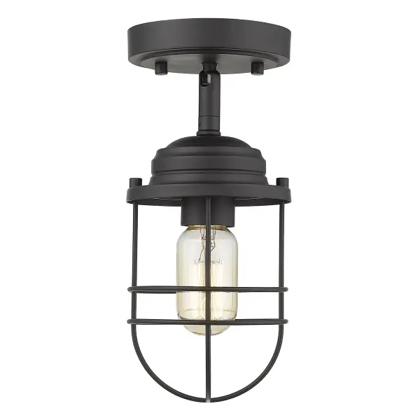 The Seaport Semi-Flush Mount brings nautical-inspired design to compact spaces with its cage structure and matte black finish. Damp-rated and sloped ceiling compatible, it's ideal for entryways, bedrooms, and bathrooms. - alternate view