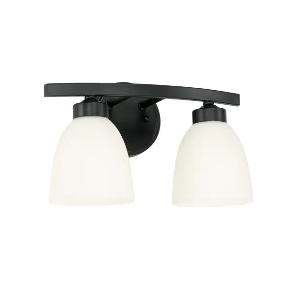 The Jameson 2-Light Vanity combines contemporary style with practical illumination. Its compact 13-inch width and matte black finish make it ideal for smaller bathrooms and powder rooms seeking modern sophistication.