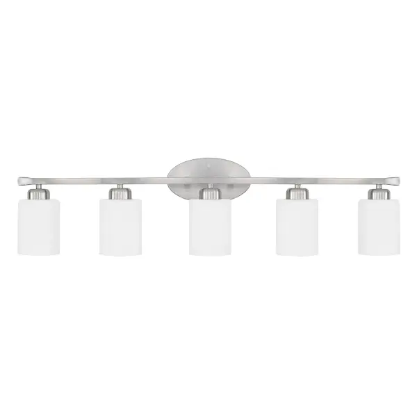 The Dixon 5-Light Vanity combines contemporary styling with transitional appeal in a sophisticated brushed nickel finish. Its generous 36.75-inch width provides excellent illumination for double vanities.