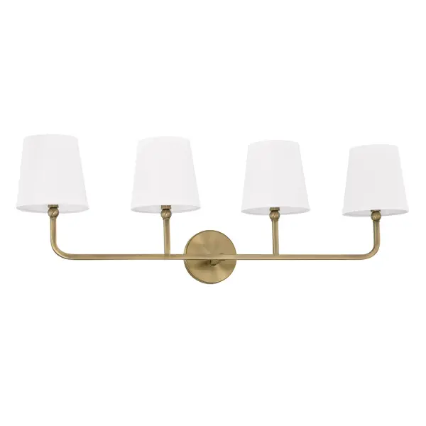 The Dawson 4-Light Vanity combines timeless aged brass finish with generous 35-inch width, ideal for double vanities. Four lights provide excellent illumination for grooming tasks while the warm brass adds elegant character.