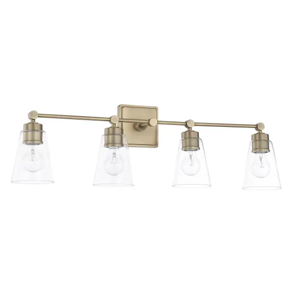 The Rory 4-Light Vanity combines transitional elegance with practical illumination. Its 33-inch width and aged brass finish create a sophisticated focal point perfect for medium to large bathrooms and vanity areas.