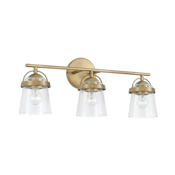 The Madison 3-Light Vanity combines traditional elegance with modern functionality. Its aged brass finish adds warmth and sophistication to any bathroom, while the 23-inch width provides ample illumination.