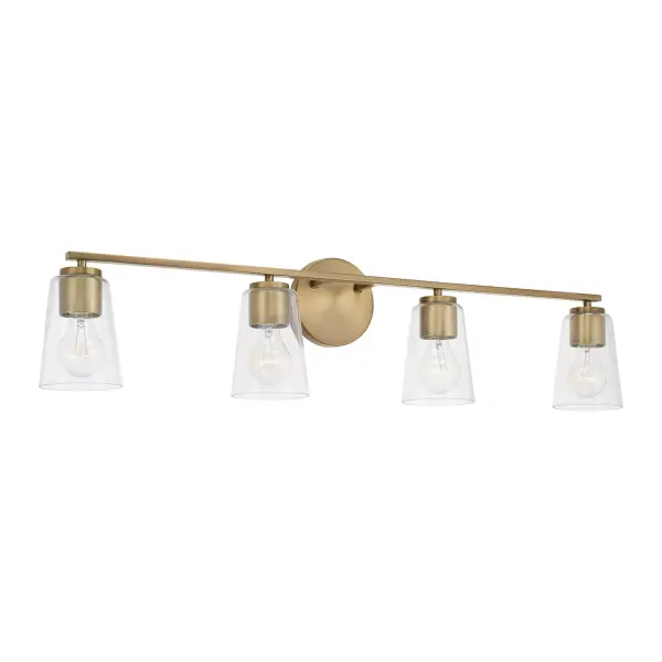 The Portman 4-Light Vanity combines timeless aged brass finish with contemporary design, offering generous 35-inch width ideal for double vanities. Excellent value at its price point with versatile styling.