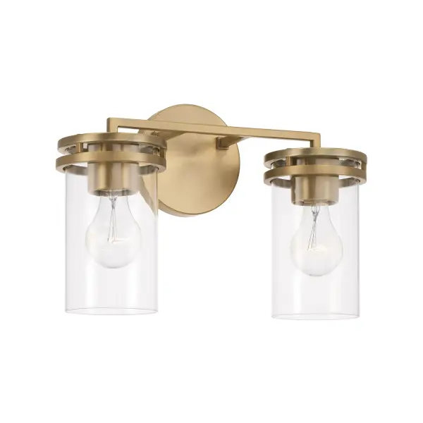 The Fuller 2-Light Vanity combines transitional styling with warm aged brass finish, ideal for powder rooms and compact bathrooms. Its 14.25-inch width provides focused task lighting without overwhelming smaller spaces.