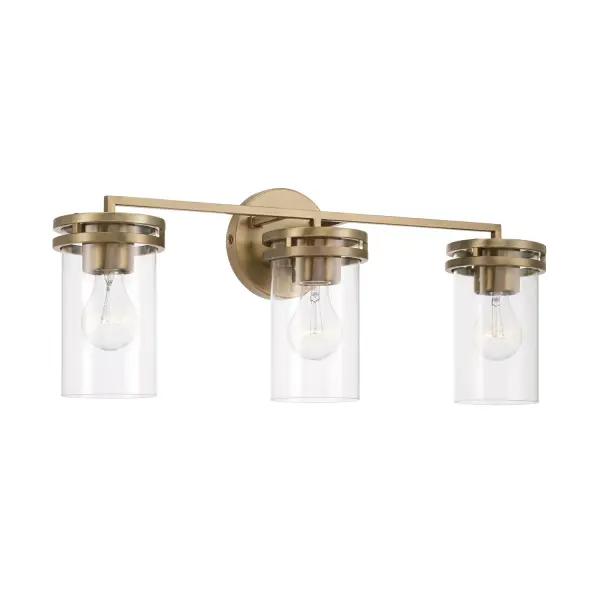 The Fuller 3-Light Vanity combines timeless aged brass finish with clean contemporary lines, offering versatile lighting for medium-sized bathrooms. Its 24-inch width provides balanced illumination ideal for double sinks.