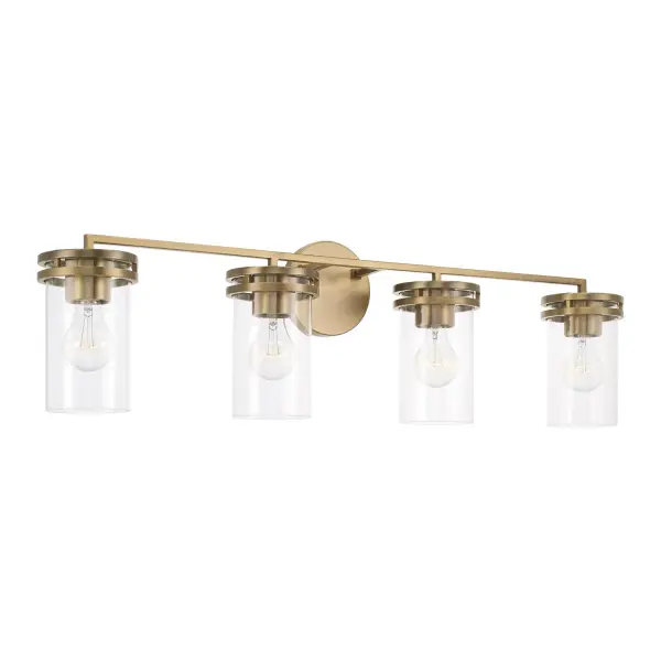 The Fuller 4-Light Vanity combines transitional styling with warm aged brass finish, spanning 33.5 inches to provide ample illumination for medium to large vanities. Its versatile design works beautifully in both residential and hospitality settings.