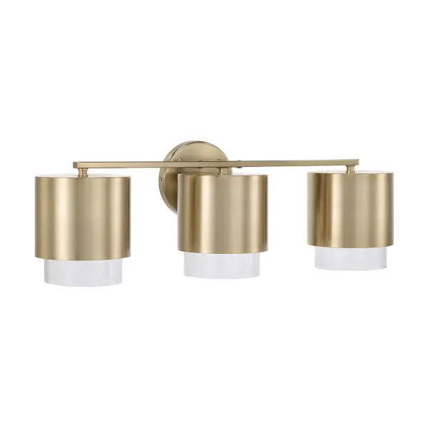 The Weller 3-Light Vanity combines contemporary styling with warm matte brass finish, providing excellent illumination for bathroom vanities. Its 24-inch width makes it ideal for medium-sized mirrors and spaces.