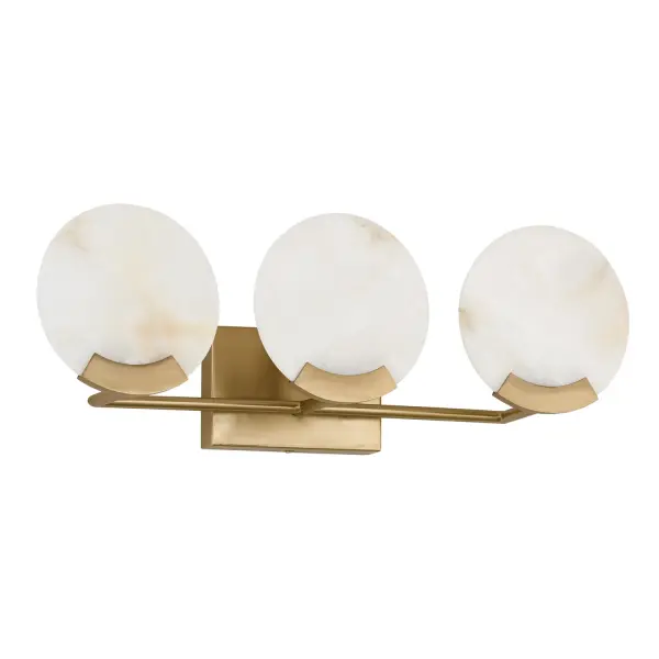 The Oriya 3-Light Vanity combines warm aged brass finish with clean lines for a sophisticated bathroom lighting solution. At 23.75 inches wide, it's perfectly sized for standard vanities and mirrors.