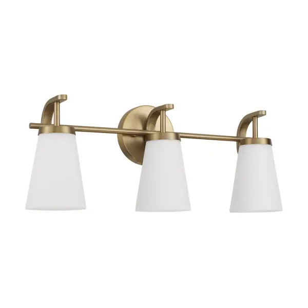 The Drake 3-Light Vanity combines transitional styling with a sophisticated aged brass finish. At 23 inches wide, it's perfectly sized for standard bathroom vanities, providing balanced illumination with timeless appeal.