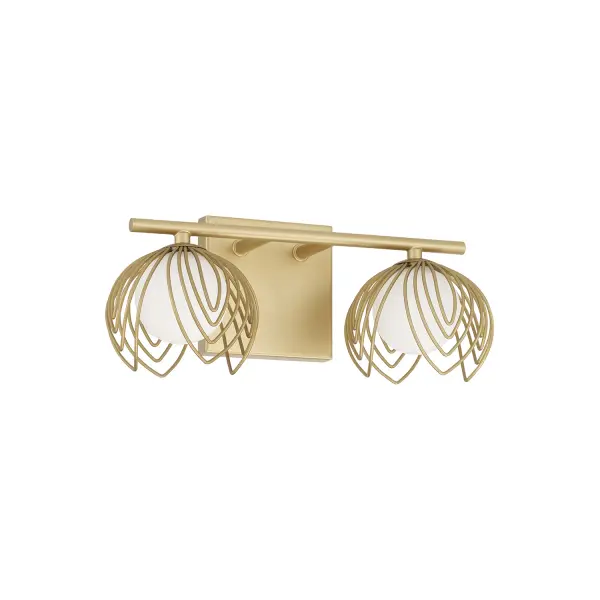 The Flora 2-Light Vanity combines transitional styling with a sophisticated buffed gold finish. Its compact 14-inch width makes it ideal for smaller bathrooms while providing ample illumination for grooming tasks.