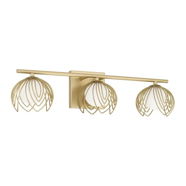 The Flora vanity light combines transitional styling with a sophisticated buffed gold finish. At 22.75 inches wide, it's perfectly sized for standard bathroom vanities, providing balanced illumination for grooming tasks.