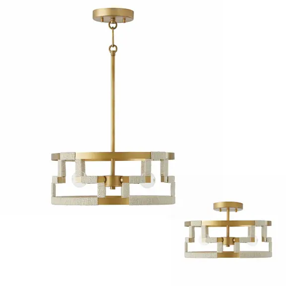 Hala 3-Light Semi-Flush Mount in Bleached Natural Jute and Patinaed Brass