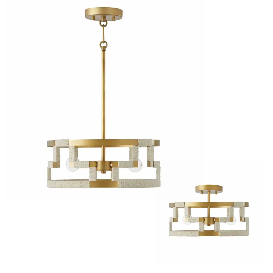 Hala 3-Light Semi-Flush Mount in Bleached Natural Jute and Patinaed Brass