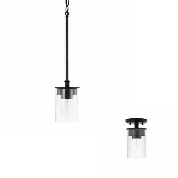 The Mason semi-flush mount delivers industrial style in a compact 5-inch profile. Its matte black finish and single-light design make it ideal for hallways, closets, and powder rooms where ceiling clearance is limited.