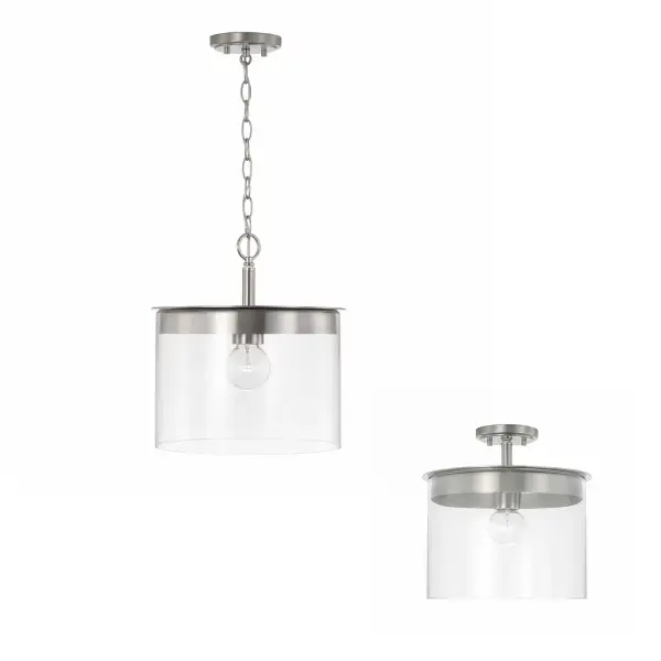 The Mason semi-flush mount delivers clean, transitional style in a compact 13.25" profile. Its brushed nickel finish and low-profile design make it ideal for rooms with standard ceiling heights.