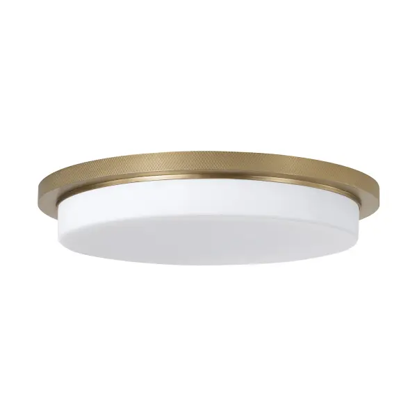 The Dominic flush mount offers a refined, space-saving lighting solution with its slim 2.5-inch profile and warm aged brass finish. Perfect for rooms with lower ceilings or where a subtle, elegant fixture is desired.