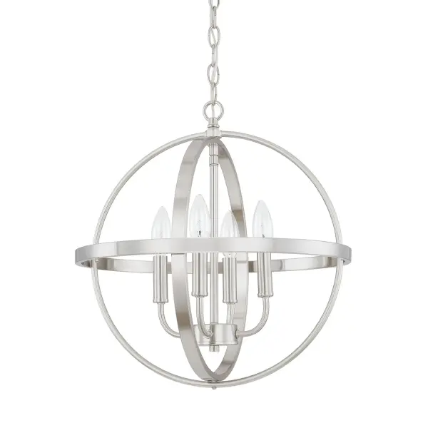 The Hartwell 4-Light Pendant offers transitional styling in a brushed nickel finish that complements both modern and traditional interiors. At 16.5 inches wide, it provides ample illumination for dining areas and kitchen islands.