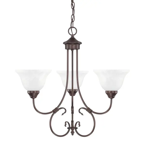 The Hometown 3-Light Chandelier brings rustic charm and warm ambiance to smaller dining spaces. Its compact 24-inch size and classic bronze finish make it versatile for traditional and farmhouse interiors.
