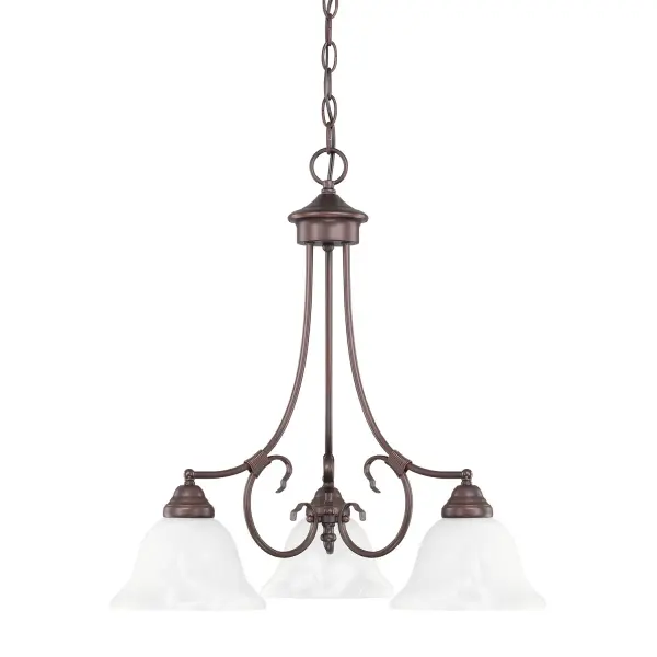 The Hometown 3-Light Chandelier brings rustic warmth to smaller dining spaces with its classic bronze finish and compact 22-inch width. Perfect for breakfast nooks, cozy dining rooms, or entryways seeking farmhouse charm.