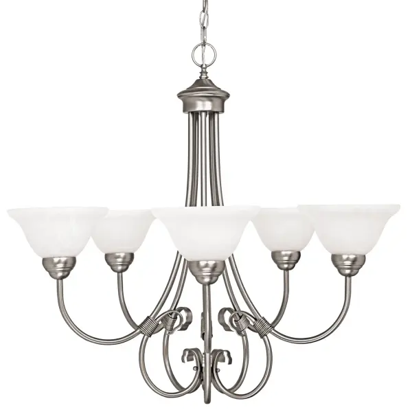 The Hometown chandelier offers timeless style with a modern matte nickel finish. At 29 inches wide, it's perfectly sized for medium dining rooms and kitchen spaces, providing ample illumination with five lights.