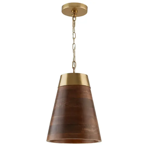 The Dodd pendant combines rich dark wood with warm brass accents for a sophisticated yet approachable look. Its compact 10-inch width makes it perfect for kitchen islands, breakfast nooks, or as accent lighting in bedrooms and offices.