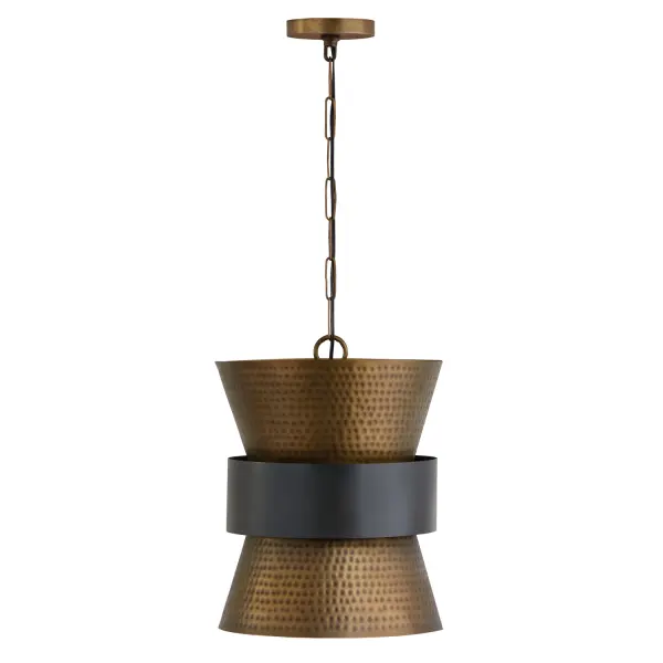 The Loren pendant combines patinaed brass warmth with dark zinc depth in a compact 13-inch design. Perfect for adding industrial character to smaller spaces or creating dramatic impact when clustered in multiples.