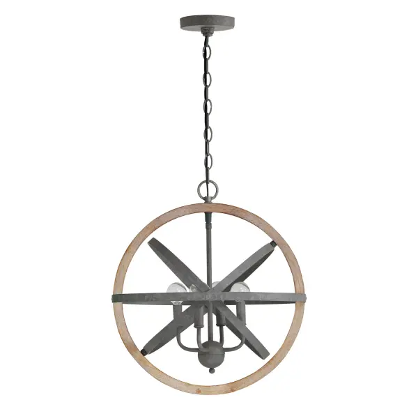 The Bluffton 4-Light Pendant combines warm wood accents with iron metalwork for authentic farmhouse appeal. Its compact 18-inch width makes it ideal for kitchen islands and smaller dining areas seeking character without overwhelming the space.