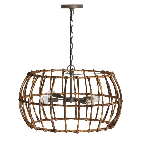 The Sanibel 4-Light Pendant combines natural blazed rattan with Nordic grey accents for a sophisticated coastal aesthetic. Its 23.5-inch width makes it versatile for dining areas and kitchen islands while providing ample illumination.