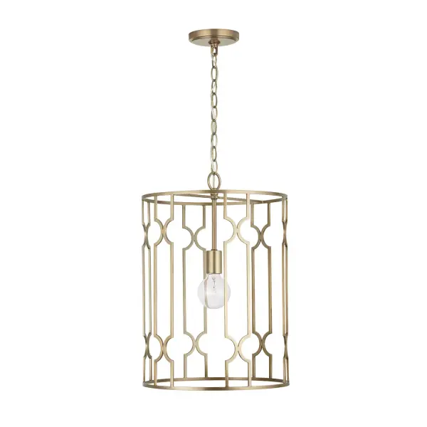 The Jordyn pendant brings refined style to smaller spaces with its 14-inch width and warm aged brass finish. Perfect for kitchen islands, breakfast nooks, or as accent lighting in hallways and closets.