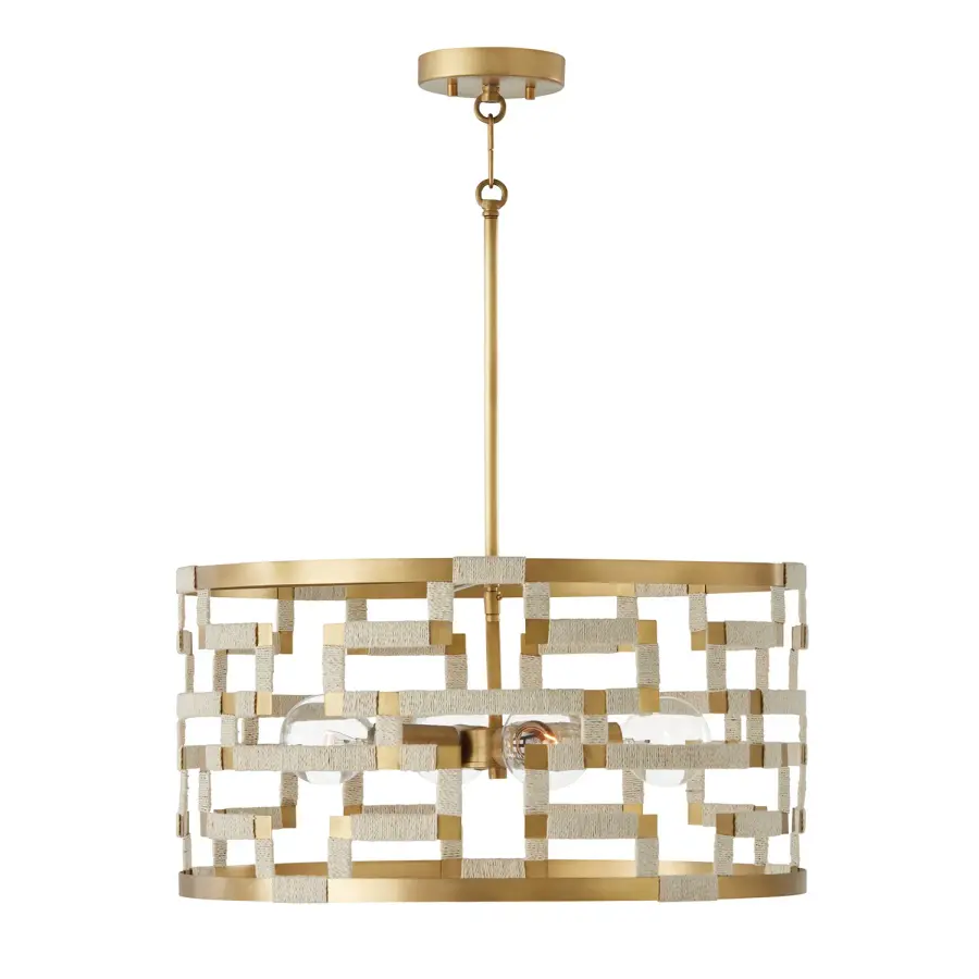 Hala 4-Light Pendant in Bleached Natural Jute and Patinaed Brass