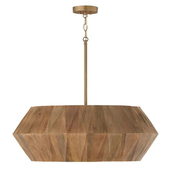 The Nadeau 6-Light Pendant combines light wood tones with patinaed brass for a sophisticated transitional look. Its 29-inch width makes it perfect for medium-sized dining areas and kitchen islands, offering versatile style.