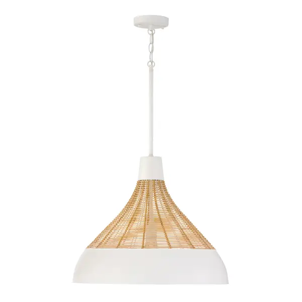The Kali pendant delivers minimalist sophistication with its matte white finish and generous 22-inch width. Its clean lines and neutral palette make it versatile enough for various contemporary interiors while providing substantial presence.