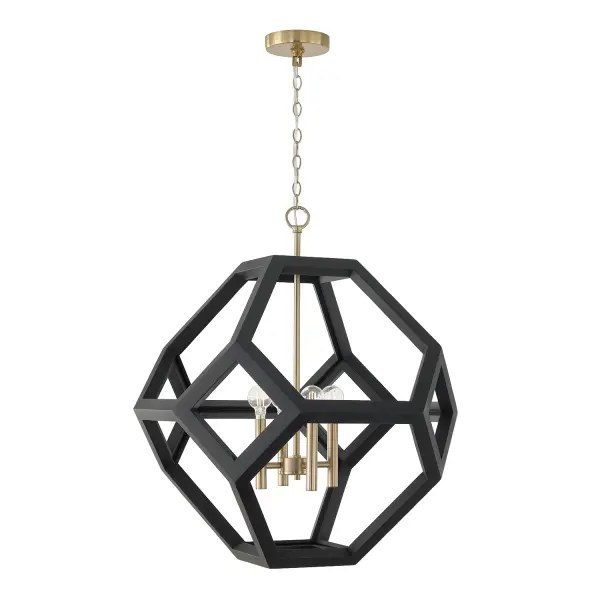 The Geo 4-Light Pendant combines contemporary geometric design with a sophisticated flat black and matte brass finish. At 24 inches wide, it provides substantial presence perfect for dining areas and kitchen islands.