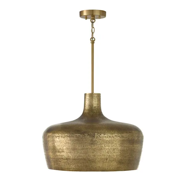 The Myriah pendant showcases artisanal craftsmanship with its distinctive hammered brass finish. At 19.5 inches wide, it provides substantial presence while maintaining versatility for various spaces from kitchen islands to dining areas.