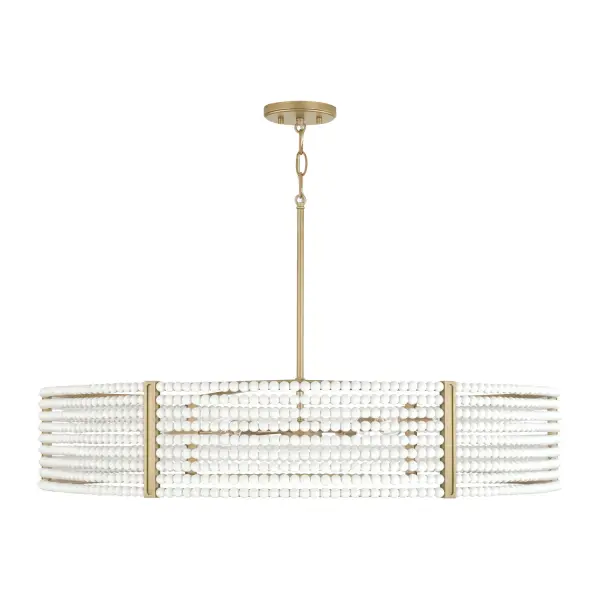 The Brynn 6-Light Chandelier combines transitional elegance with contemporary clean lines. Its 35-inch width and aged brass finish make it ideal for medium to large dining rooms and kitchen islands.