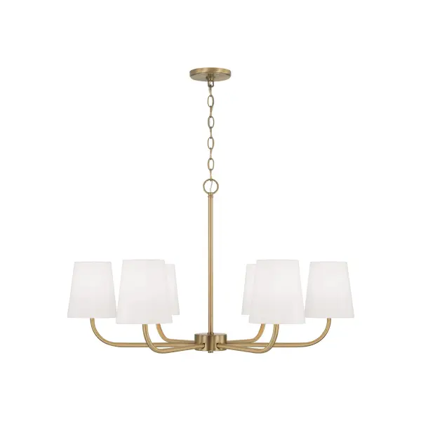 The Brody chandelier brings transitional elegance with its 6-light design and warm aged brass finish. At 34.5 inches wide, it's perfectly sized for medium to large dining rooms and kitchen islands.