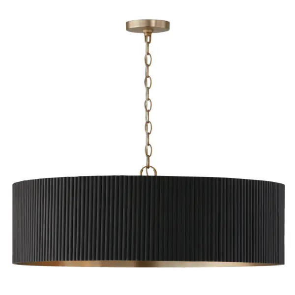 The Donovan 4-Light Chandelier combines black stained wood with matte brass accents for a refined transitional look. Its 30.75-inch linear profile makes it perfect for dining tables and kitchen islands.
