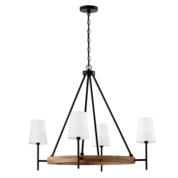The Jonah 4-Light Chandelier combines light wood tones with matte black metal for a contemporary look that works in both residential and commercial settings. Its 35-inch width makes it versatile for medium-sized spaces.