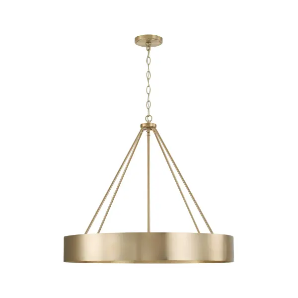The Weller chandelier brings contemporary elegance with its matte brass finish and 4-light configuration. At 27.5 inches wide, it's perfectly sized for medium dining spaces and kitchen islands.
