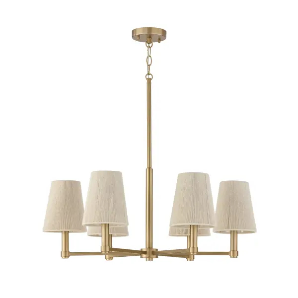 The Mira chandelier brings modern sophistication with its 6-light configuration and warm matte brass finish. At 30 inches wide, it's perfectly sized for medium dining tables and kitchen islands.