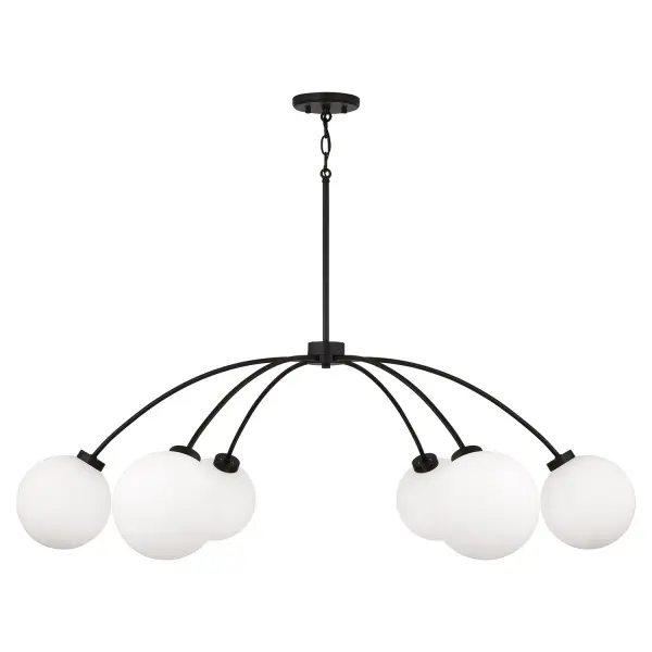 The Amos 6-Light Chandelier delivers dramatic linear presence with its 47-inch span and industrial Black Iron finish. Perfect for modern farmhouse or industrial interiors, this fixture provides ample illumination while making a bold design statement.