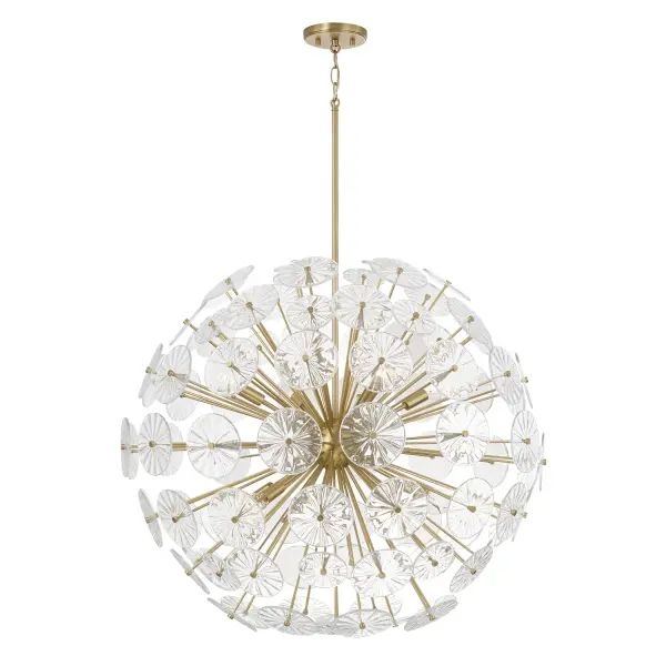 The Emelie chandelier brings contemporary elegance with its 8-light configuration and sophisticated matte brass finish. At 33 inches wide, it creates a commanding presence perfect for dining rooms and entryways.