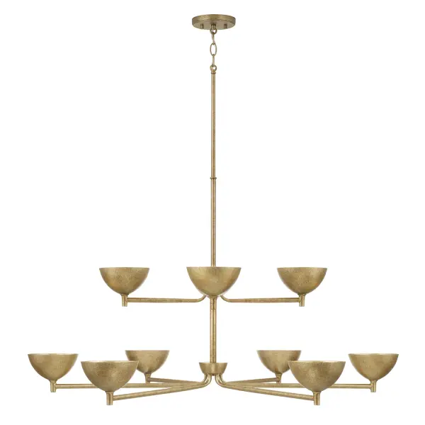 The Francesca 10-light chandelier makes a bold statement with its 43-inch width and sophisticated feathered brass finish. Perfect for large dining rooms and entryways, this fixture combines transitional elegance with contemporary appeal.