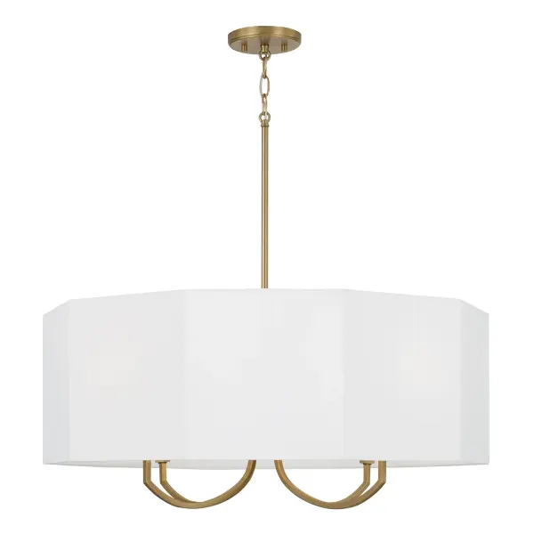 The Adrian chandelier brings transitional elegance with its aged brass finish and 4-light configuration. At 29.5 inches wide, it's perfectly sized for medium dining tables and kitchen islands, offering versatile style.