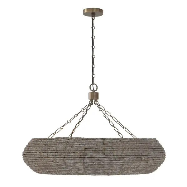 The Morada 8-Light Chandelier combines contemporary elegance with transitional versatility through its distinctive Aegean Grey and Dark Brass finish. At 35 inches wide, this substantial fixture commands attention while providing ample illumination.