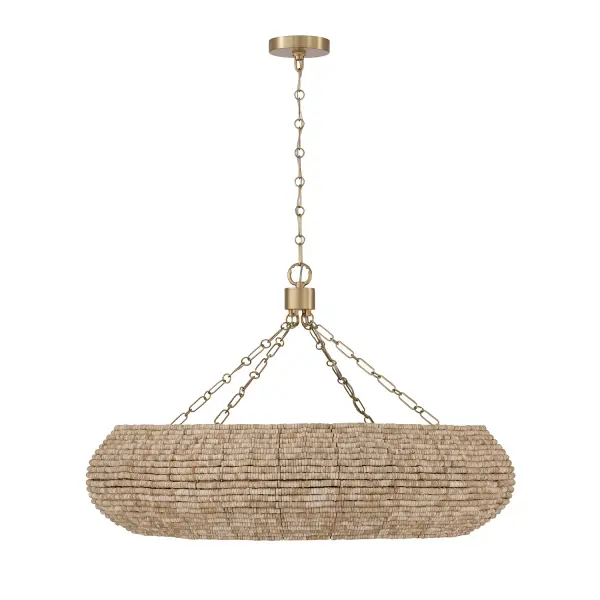 The Morada chandelier combines organic warmth with refined elegance through its Light Fawn fabric shades and Matte Brass accents. At 35 inches wide, this substantial 8-light fixture creates dramatic impact over dining tables and kitchen islands while maintaining transitional versatility.