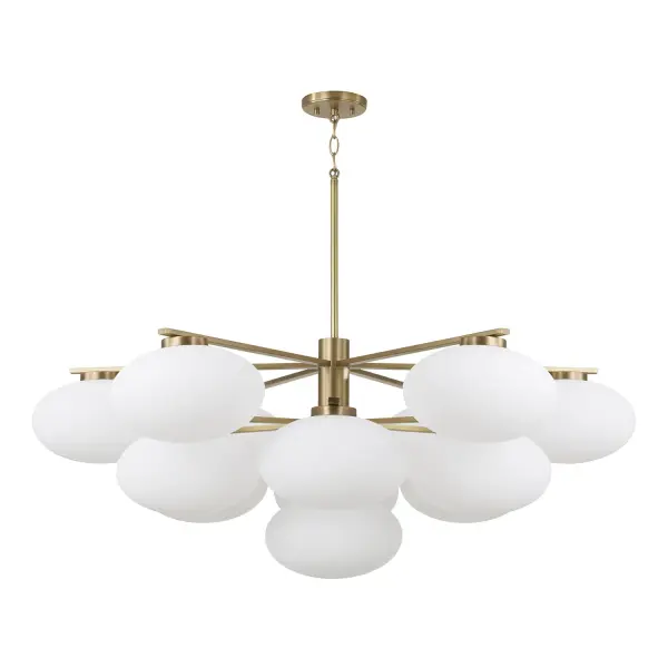 The Soren 13-light chandelier makes a bold architectural statement with its expansive 45.5-inch width and warm aged brass finish. Perfect for large dining rooms and grand spaces requiring substantial illumination and visual impact.