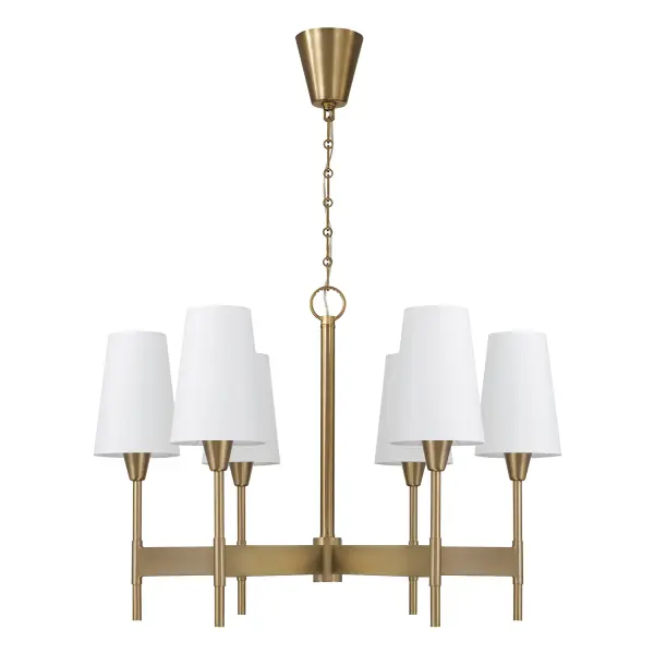 The Leland chandelier combines classic elegance with contemporary proportions, featuring six lights in a warm aged brass finish. Its 32-inch width makes it ideal for medium-sized dining rooms and kitchen islands.
