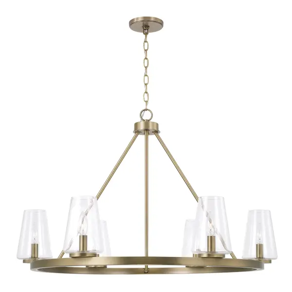 The Aaron chandelier brings sophisticated style with its 36-inch width and warm aged brass finish. Perfect for dining rooms and kitchen islands, this 6-light fixture provides ample illumination while making a statement.