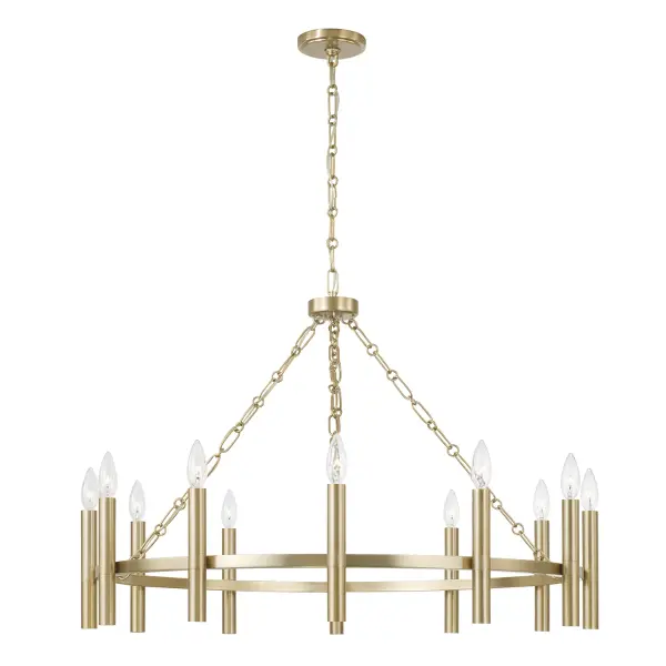 The Winton chandelier makes a bold statement with 12 lights spanning 35 inches. Its matte brass finish adds warmth and sophistication to large dining rooms and entryways, offering excellent value at this price point.